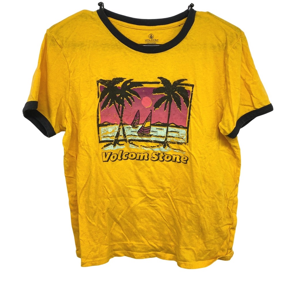 Volcom Palm‎ Tree Graphic Ringer Tee L Yellow Surf Skater Y2K Beach Retro